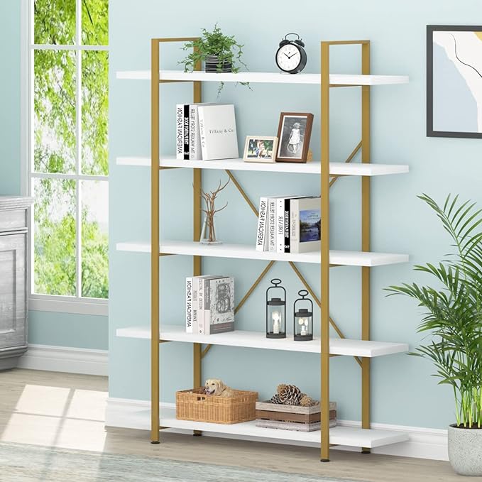 HSH 5 Tier White and Gold Bookshelf, Tall Storage Bookshelves for Bedroom Living Room Office, Metal and Wood Large Book Shelves, Modern Vertical 5 Shelf Bookcase, Farmhouse Big Open Display Book Shelf - LeafyLoom