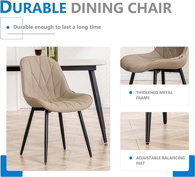 YOUNIKE Dining Chairs Set of 2, Khaki Comfy Padded Kitchen Chairs, Armless Modern Faux Leather Upholstered Dining Room Chairs, Elegant Dinning Chairs Side Chairs, Loads up to 300LBS - LeafyLoom