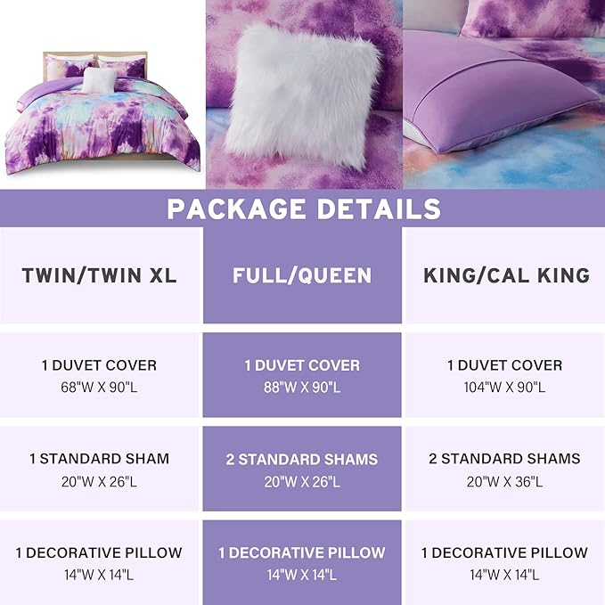 Intelligent Design Duvet Cover King Bedding Sets for Girls & Boys Watercolor Tie Dye King Duvet Cover Set Kids, Microfiber King Size Duvet Cover Set, Pillow Cassiopeia, King/Cal King Lavender 4 Piece - LeafyLoom