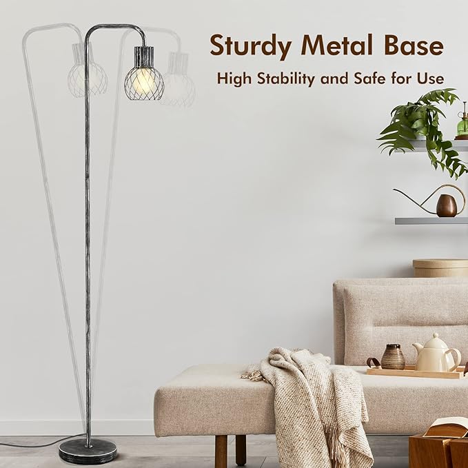 Industrial Floor Lamp, Antique Silver Standing Lamp Modern with 6W LED Bulb, Foot Switch, Metal Tall Lamps for Living Room, Bedroom, Office, Den, Vintage Stand Up Lamp, Minimalist Farmhouse Floor Lamp - LeafyLoom
