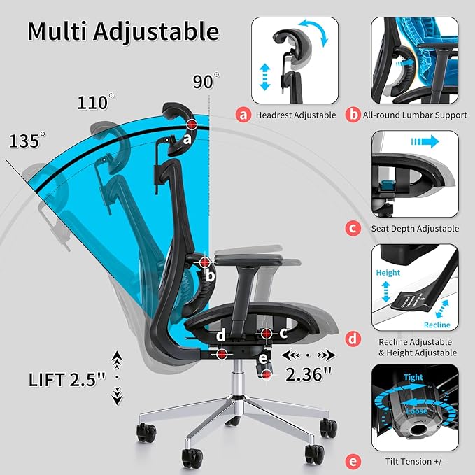 Ergonomic Office Chair with 3D Armrest, Big and Tall Computer Desk Chair with Adjustable Headrest, Seat Depth, Lumbar Support, Home Office Gaming Chair - LeafyLoom