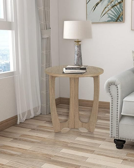 FINECASA Round End Table Small Rustic Side Table with Curved Legs Farmhouse Side Table Living Room, Bedroom, Entryway, Bedside, Nightstand (Natural) - LeafyLoom
