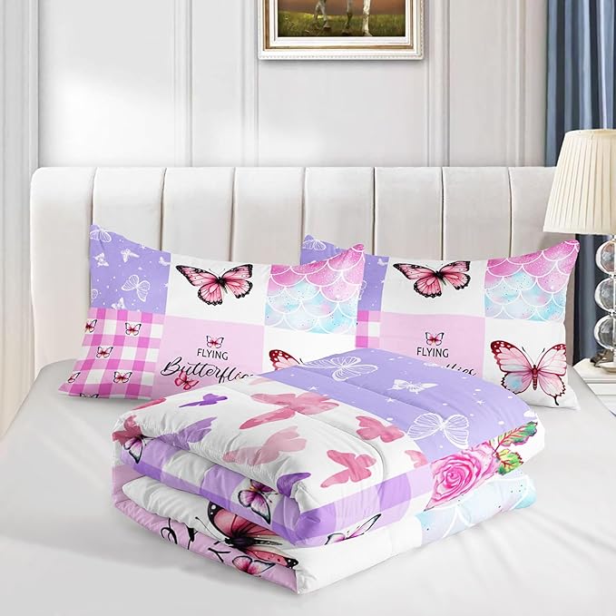 Datura home Kids Comforter Set Mermaid Scale Butterfly Printed Pattern Bedding Set with 1 Comforter and 2 Pillowcases for Girls Boys Bedroom All Season(Mermaid1 Queen) - LeafyLoom