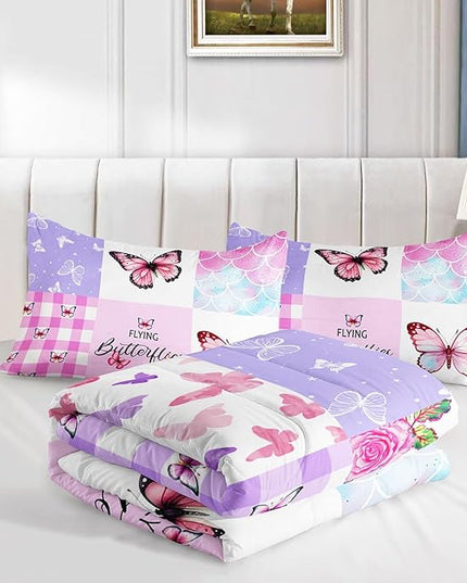 Datura home Kids Comforter Set Mermaid Scale Butterfly Printed Pattern Bedding Set with 1 Comforter and 2 Pillowcases for Girls Boys Bedroom All Season(Mermaid1 Twin) - LeafyLoom