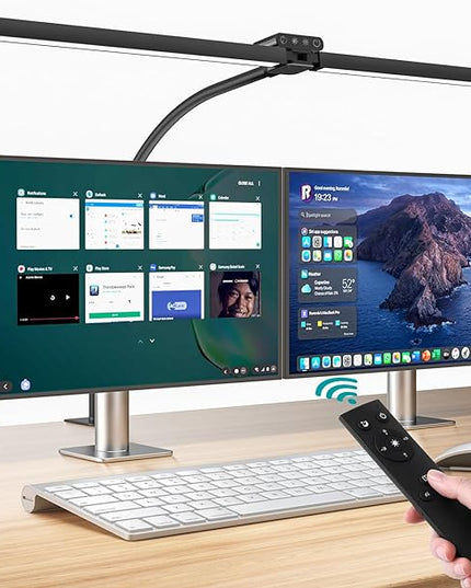 Led Desk Lamp for Office Home, Eye Caring Architect Desk Light with Clamp, Double Head 24W Ultra Bright Table Lamp with Remote Control, 5 Color Modes Flexible Gooseneck Lamp for Reading Study - LeafyLoom