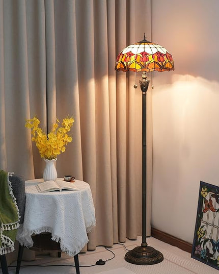 Tiffany Floor Lamp Red Tulip Style Stained Glass lamp for Living Room Bedroom Office Bright Lighting Rustic Corner Deco Standing Tall Unique Vintage Reading Unique Bronze Reading Aesthetic - LeafyLoom