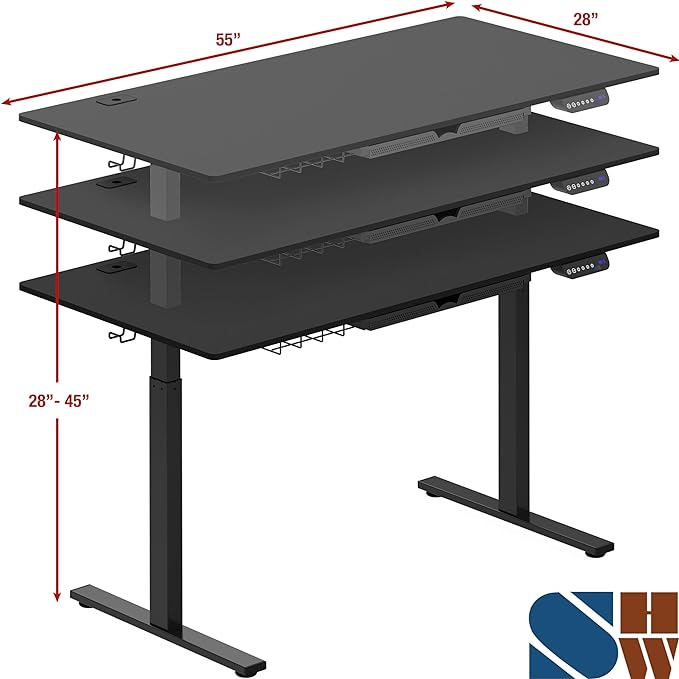 SHW 55-Inch Large Electric Height Adjustable Standing Desk, 55 x 28 Inches, Black - LeafyLoom
