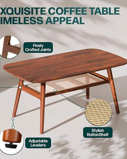 Bme Nancy Solid Acacia Wood Coffee Table for Living Room, Spacious Oval-Shaped 237 Lbs Top Capacity, Rattan Shelf below, Mid Century, Rustic and Modern Style Living Room Furniture, Dark Chocolate - LeafyLoom