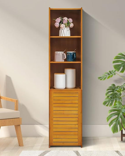 MoNiBloom 5 Tiers Bookshelf Bookcase with Door, Bamboo Narrow Freestanding Cabinet Kitchen Shelf Cupboard Storage Organizer for Home Living Room, Brown - LeafyLoom