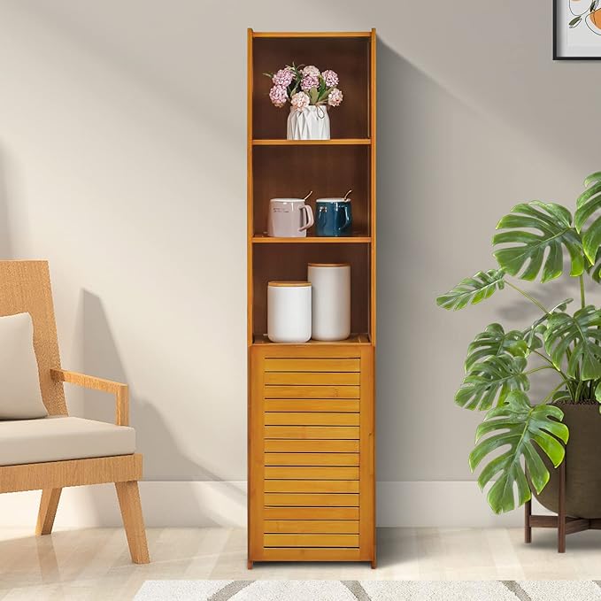 MoNiBloom 5 Tiers Bookshelf Bookcase with Door, Bamboo Narrow Freestanding Cabinet Kitchen Shelf Cupboard Storage Organizer for Home Living Room, Brown - LeafyLoom