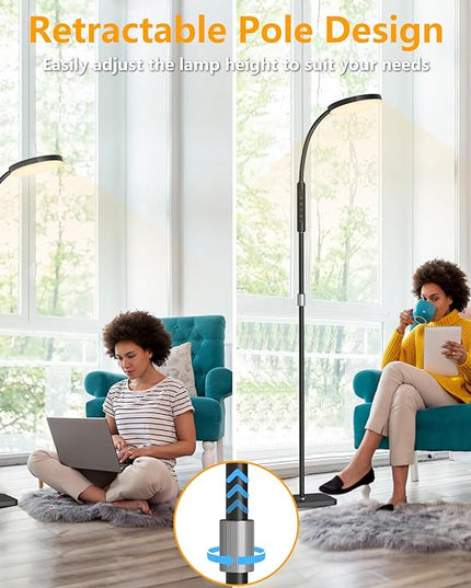 LED Floor Lamp, Height Adjustable Floor Lamps for Living Room, Super Bright Standing Lamp with Timer, Adjustable Colors & Brightness Floor lamp for Bedroom with Remote & Touch Control, Black - LeafyLoom