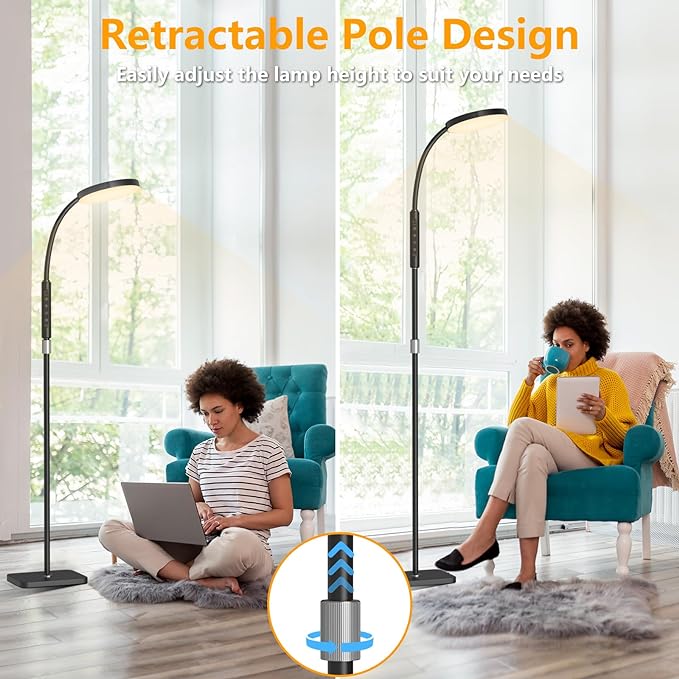 LED Floor Lamp, Height Adjustable Floor Lamps for Living Room, Super Bright Standing Lamp with Timer, Adjustable Colors & Brightness Floor lamp for Bedroom with Remote & Touch Control, Black - LeafyLoom
