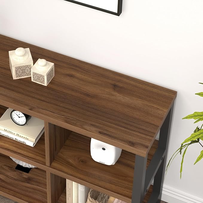 FOLUBAN 6 Cube Storage Organizer Bookshelf, Industrial Horizontal Low Cubby Bookcase for Living Room Bedroom (Rustic Walnut, 47 Inch) - LeafyLoom