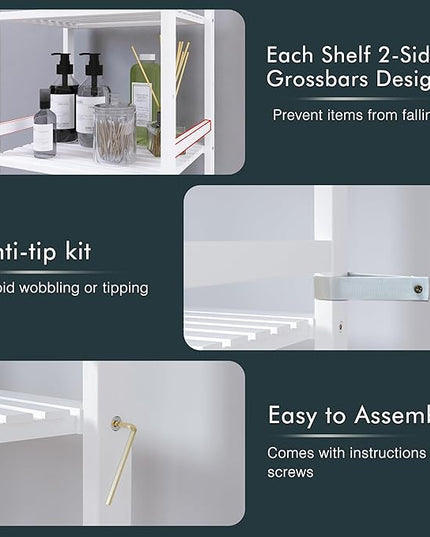 5 Tier Bamboo Shelf, Tall Narrow Bookcase, Freestanding Bathroom Storage Unit with Adjustable Shelves, Modern Display Standing Bookshelf for Living Room, Bedroom, Home Office, White - LeafyLoom