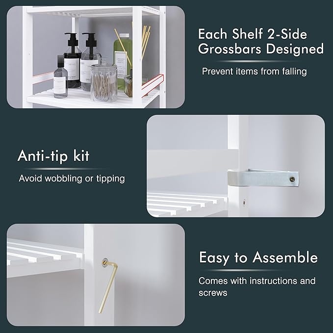 5 Tier Bamboo Shelf, Tall Narrow Bookcase, Freestanding Bathroom Storage Unit with Adjustable Shelves, Modern Display Standing Bookshelf for Living Room, Bedroom, Home Office, White - LeafyLoom