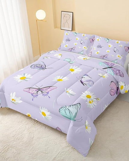 Butterfly Comforter Set for Kids Teens Girls Women,Daisy Kids Comforter,1 Comforter with 2 Pillowcase, Microfiber 3 Piece Bedding Set,for All Seasons(Purple，Full Size) - LeafyLoom