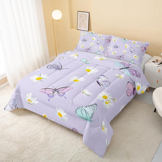 Butterfly Comforter Set for Kids Teens Girls Women,Daisy Kids Comforter,1 Comforter with 2 Pillowcase, Microfiber 3 Piece Bedding Set,for All Seasons(Purple，Queen Size) - LeafyLoom