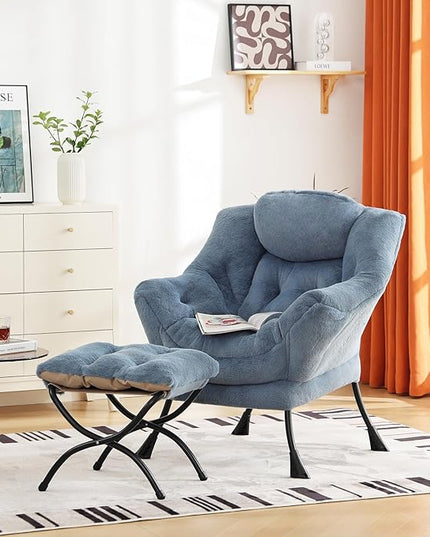 Cozy Lazy Chair and Ottoman, Large Contemporary Accent Lounge Chair Set, Leisure Upholstered Reading Armchair for Bedroom, Living Room, Dorm Rooms, Office - LeafyLoom