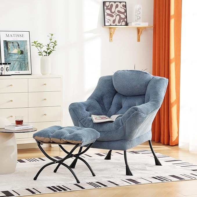 Cozy Lazy Chair and Ottoman, Large Contemporary Accent Lounge Chair Set, Leisure Upholstered Reading Armchair for Bedroom, Living Room, Dorm Rooms, Office - LeafyLoom