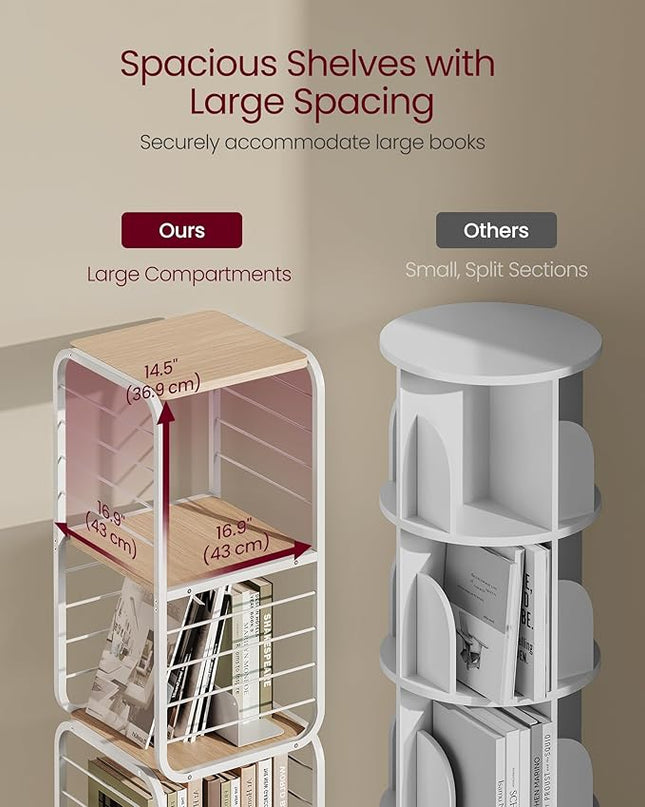 VASAGLE 4-Tier Rotating Bookshelf, Bookcase with Bookends for Small Spaces, Corner Shelf, Steel Frame, Natural Beige and Cloud White ULLS127W67 - LeafyLoom