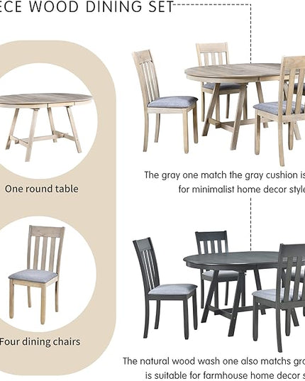 NicBex Small Dining Table Set for 4 Kitchen Table and Chairs 5-Piece Wood Dining Table Set Round Extendable Dining Table with 4 Dining Chairs for Dining Room, Natural Wood Wash - LeafyLoom