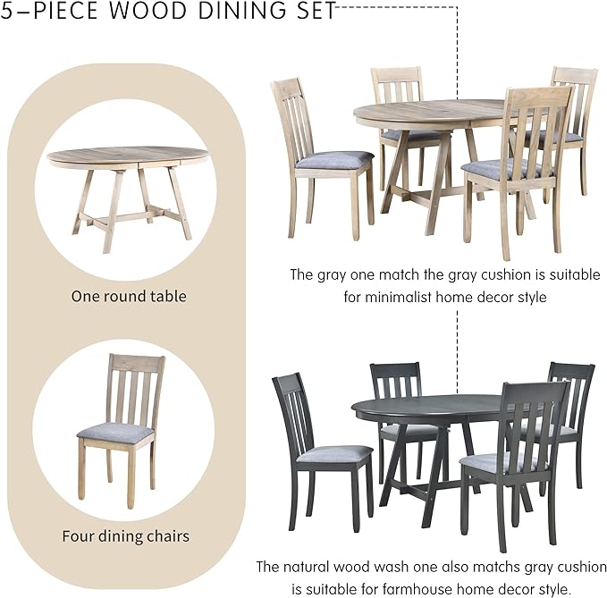 NicBex Small Dining Table Set for 4 Kitchen Table and Chairs 5-Piece Wood Dining Table Set Round Extendable Dining Table with 4 Dining Chairs for Dining Room, Natural Wood Wash - LeafyLoom