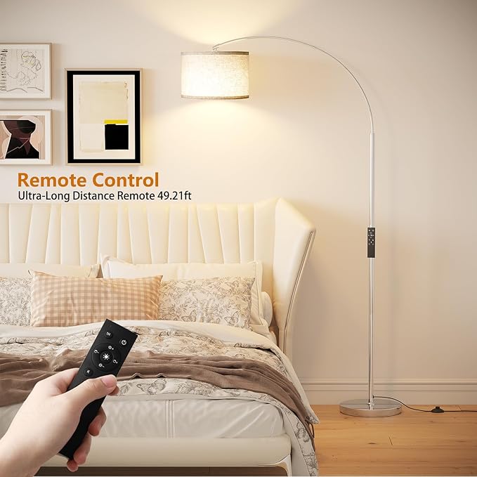 SUNMORY Arc Floor Lamp with Remote,Modern Floor Lamp with Stepless Dimmable Bulb,75″Height Tall Lamp for Living Room with Hanging Drum Shade and Weighted Base.Mid Century Standing Lamp for Bedroom. - LeafyLoom