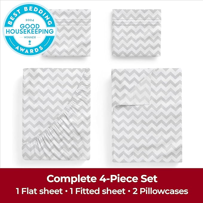 Mellanni Extra Deep Full Sheets - 4 PC Iconic Collection Bedding Sheets & Pillowcases - Hotel Luxury, Ultra Soft, Cooling Bed Sheets - Extra Deep Pocket up to 21 inch (Full, Chevron Gray) - LeafyLoom
