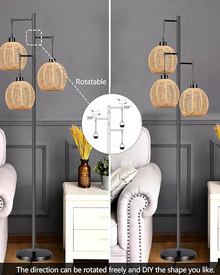 Floor Lamp for Living Room,Bedroom,Boho Rattan Floor Lights,Tree 3 Bulb Standing Lamp Farmhouse Industrial Black Tall Lamp,Wicker Bamboo Lamp Shade Flower Floor Lamps Bohemian Decor - LeafyLoom