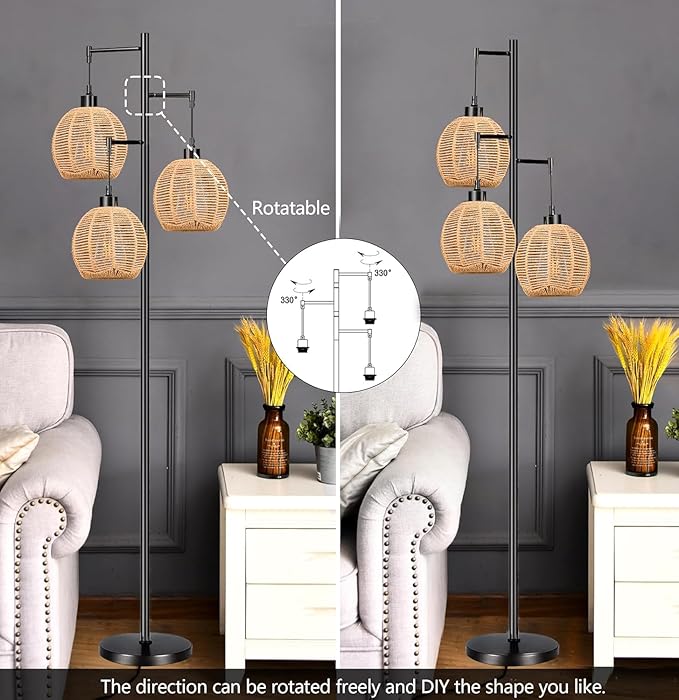 Floor Lamp for Living Room,Bedroom,Boho Rattan Floor Lights,Tree 3 Bulb Standing Lamp Farmhouse Industrial Black Tall Lamp,Wicker Bamboo Lamp Shade Flower Floor Lamps Bohemian Decor - LeafyLoom