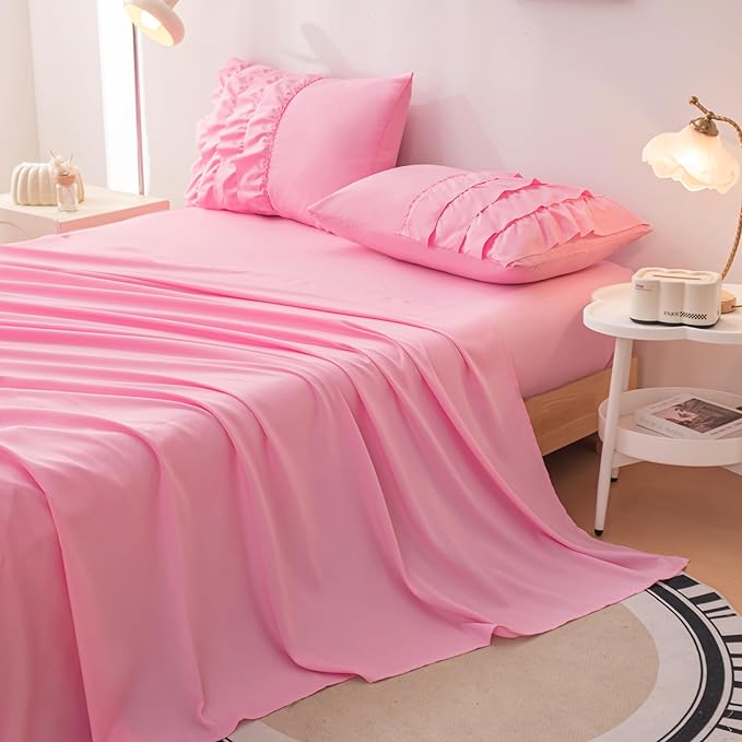 Pink Twin Comforter Set for Girls, 5 Pcs Bed in a Bag Twin for Teen Girls, Princess Bedding Set for Girls, Twin Size Comforter Sets for Girls with 1 Fitted Sheet and 1 Flat Sheet - LeafyLoom