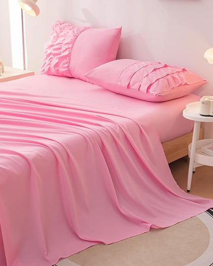 Pink Comforter Set Twin, 5-Piece Bed in a Bag Twin for Teen Girls, Pink Ruffle Bedding Set for Girls Kids, Teen Girls Bedding Sets,Princess Dress Comforter for All Season - LeafyLoom