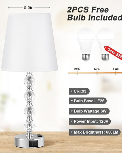 Bedside Lamps for bedrooms Set of 2 Nightstand - Large Crystal Table Lamps with USB C Charging Ports and AC Outlet, 3 Way Dimmable Touch Control Silver Bed Side Table Lamp for Living Room/Dining Room - LeafyLoom