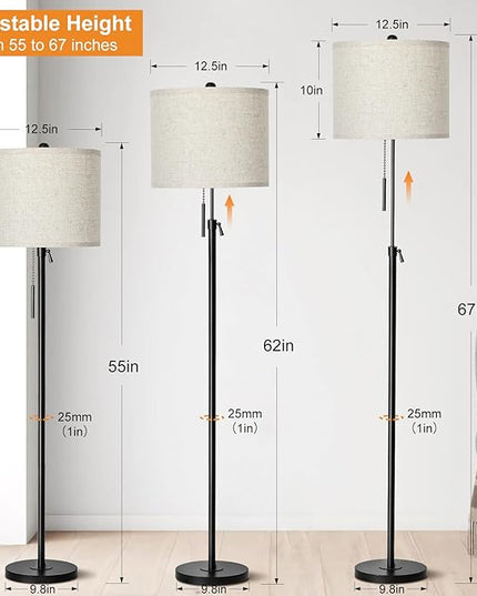 Adjustable Height Floor Lamp for Living Room, Black Standing Lamp, Floor Lamp for Bedroom Office, Modern Tall Floor Lamp with Linen Shade, 3-Way Dimmable 8W 3000K LED Blub Included (Black) - LeafyLoom