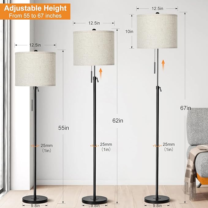 Adjustable Height Floor Lamp for Living Room, Black Standing Lamp, Floor Lamp for Bedroom Office, Modern Tall Floor Lamp with Linen Shade, 3-Way Dimmable 8W 3000K LED Blub Included (Black) - LeafyLoom