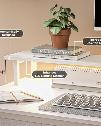 Computer Desk with Drawers and Storage Shelves, Home Office Desk with LED Lights & Power Outlets, Gaming Desk with Monitor Stand, Writing Study Desk, Kids Small Desk for Bedroom, White - LeafyLoom