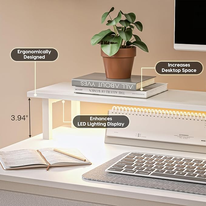 Computer Desk with Drawers and Storage Shelves, Home Office Desk with LED Lights & Power Outlets, Gaming Desk with Monitor Stand, Writing Study Desk, Kids Small Desk for Bedroom, White - LeafyLoom