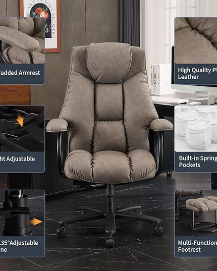 Office Chair Big and Tall, High Back Home Office Chair 400 lbs, Executive Office Chair with Ottoman, Ergonomic Office Chair with Padded Armrest, Swivel Computer Chair PU Leather (Grey) - LeafyLoom