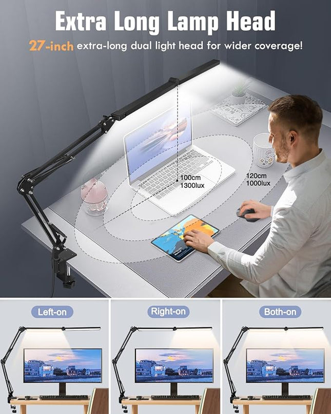 LED Desk Lamps for Home Office 2 in 1 Large Double Head Desk Lamp with Clamp & Base, Remote Control, Dimmable Architect Clip on Desktop Light Bar with Memory for Working, Crafting, Studying - LeafyLoom