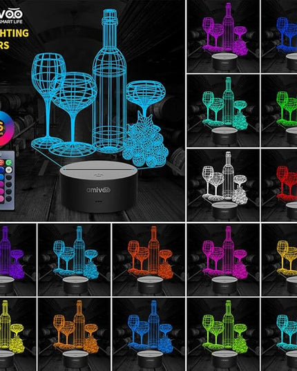 Wine Cup Wine Bottle 3D Night Light 16 Color Changing with Remote 3D Optical Illusion Lamp Birthday Christmas Gifts for Wife Husband Men Adults Home Wine Bar Christmas Decoration - LeafyLoom