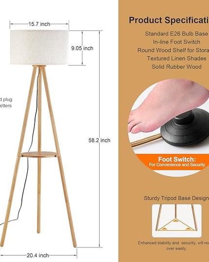 Wood Tripod Floor Lamp with Shelves,Linen Shade Modern Mid Century Wooden Standing Floor lamp for Living Room,with Three Color temparature Bulb Included,ETL Listed/Natural Wood Color - LeafyLoom