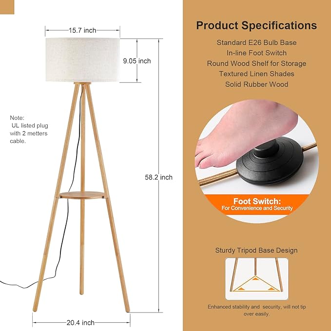 Wood Tripod Floor Lamp with Shelves,Linen Shade Modern Mid Century Wooden Standing Floor lamp for Living Room,with Three Color temparature Bulb Included,ETL Listed/Natural Wood Color - LeafyLoom