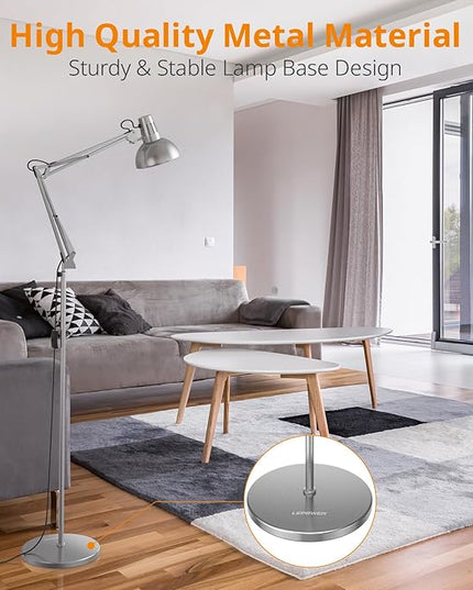 LEPOWER Floor Lamp, Swing Arm Floor Standing Lamp, Industrial Floor Lamp with Heavy Metal Base, E26 Lamp Base Floor Light, Modern Standing Reading Lamp for Living Room, Bedroom, Office Sliver - LeafyLoom