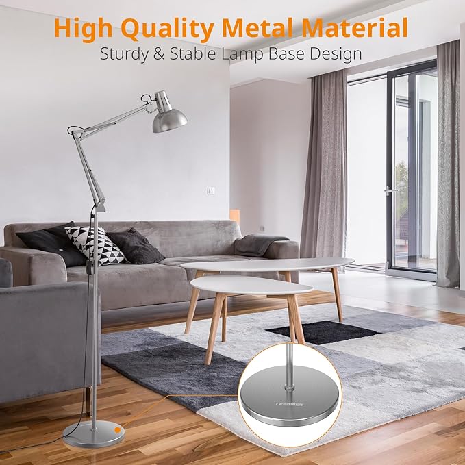 LEPOWER Floor Lamp, Swing Arm Floor Standing Lamp, Industrial Floor Lamp with Heavy Metal Base, E26 Lamp Base Floor Light, Modern Standing Reading Lamp for Living Room, Bedroom, Office Sliver - LeafyLoom