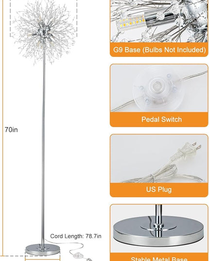 Modern Crystal Floor Lamp (9-Light, 70-Inch, Chrome), Standing Lamp with Footswitch, LED Floor Lamp for Living Room, Girls Room, Bedroom, Dresser, Office (Bulbs NOT Included) - LeafyLoom