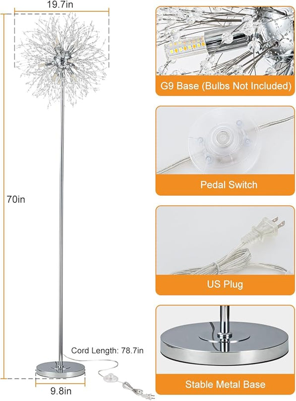 Modern Crystal Floor Lamp (9-Light, 70-Inch, Chrome), Standing Lamp with Footswitch, LED Floor Lamp for Living Room, Girls Room, Bedroom, Dresser, Office (Bulbs NOT Included) - LeafyLoom