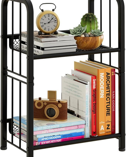 Bookshelf Storage Shelf Bookcase Freestanding Storage Stand for Living Room, Bedroom, Kitchen, Rust Resistance, Easy Assembly Free Combination Multi-Functional Organizer (2 Tiers, Black) - LeafyLoom