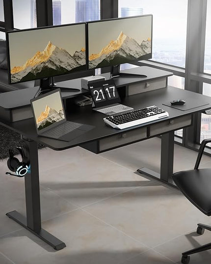 55 * 30 Inches Electric Standing Widened Desk Adjustable Height with 4 Drawers, Double Storage Shelves Stand Up Desk, Home Office Workstation Sit Stand up Desk (Classical Black) - LeafyLoom