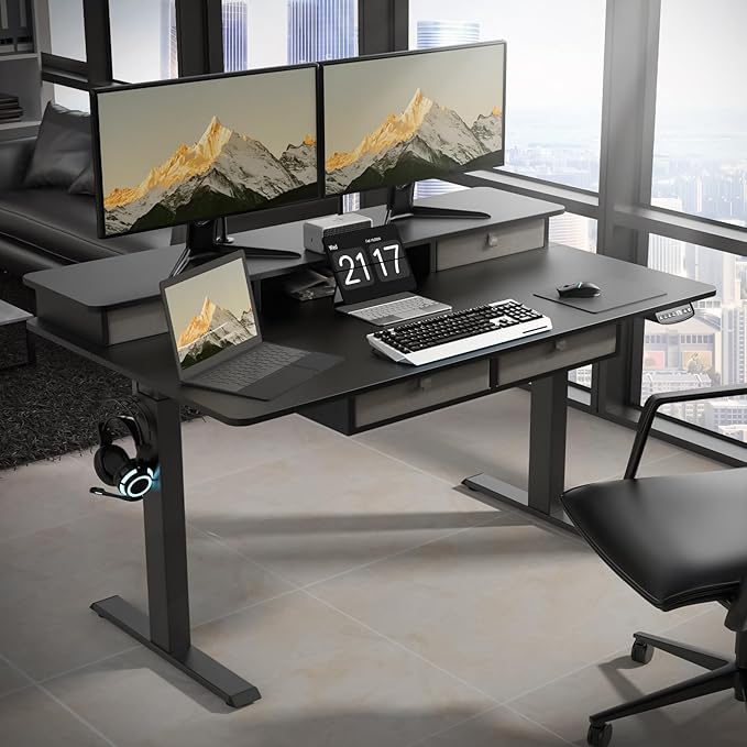 55 * 30 Inches Electric Standing Widened Desk Adjustable Height with 4 Drawers, Double Storage Shelves Stand Up Desk, Home Office Workstation Sit Stand up Desk (Classical Black) - LeafyLoom