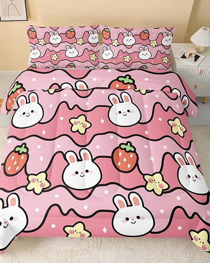 Kawaii Rabbit Comforter,Strawberry Rabbit Comforter Set for Kids Teens Girls,3Pcs Bedding Set Printed Comforter with 2 Pillowcases,Down Alternative,Soft and Lightweight(Pink，Full Size) - LeafyLoom